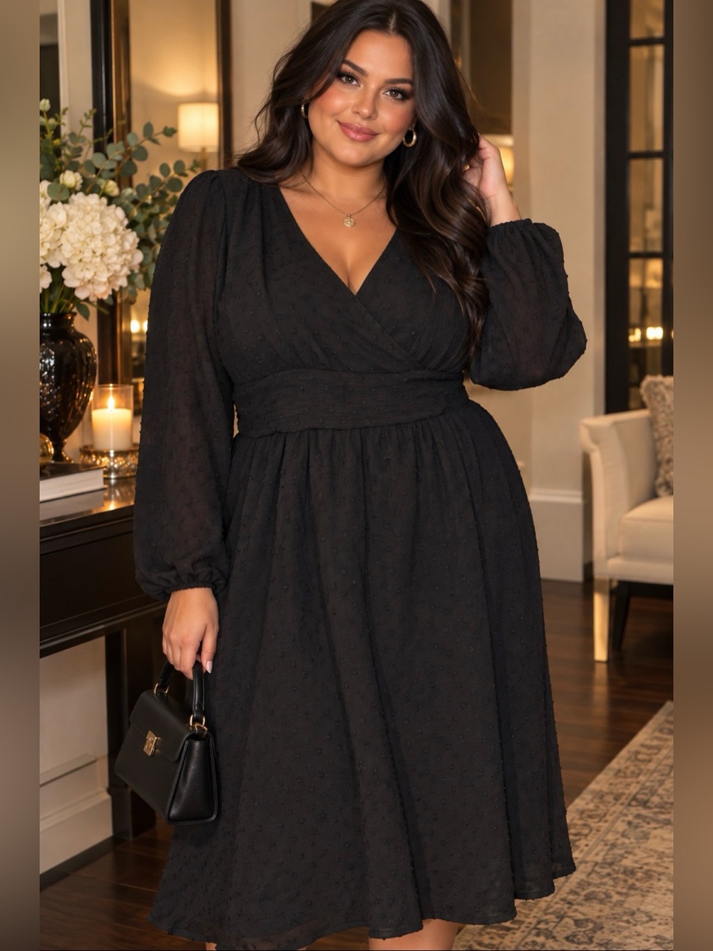 Elegant Black V-Neck Long Sleeve Midi Dress
